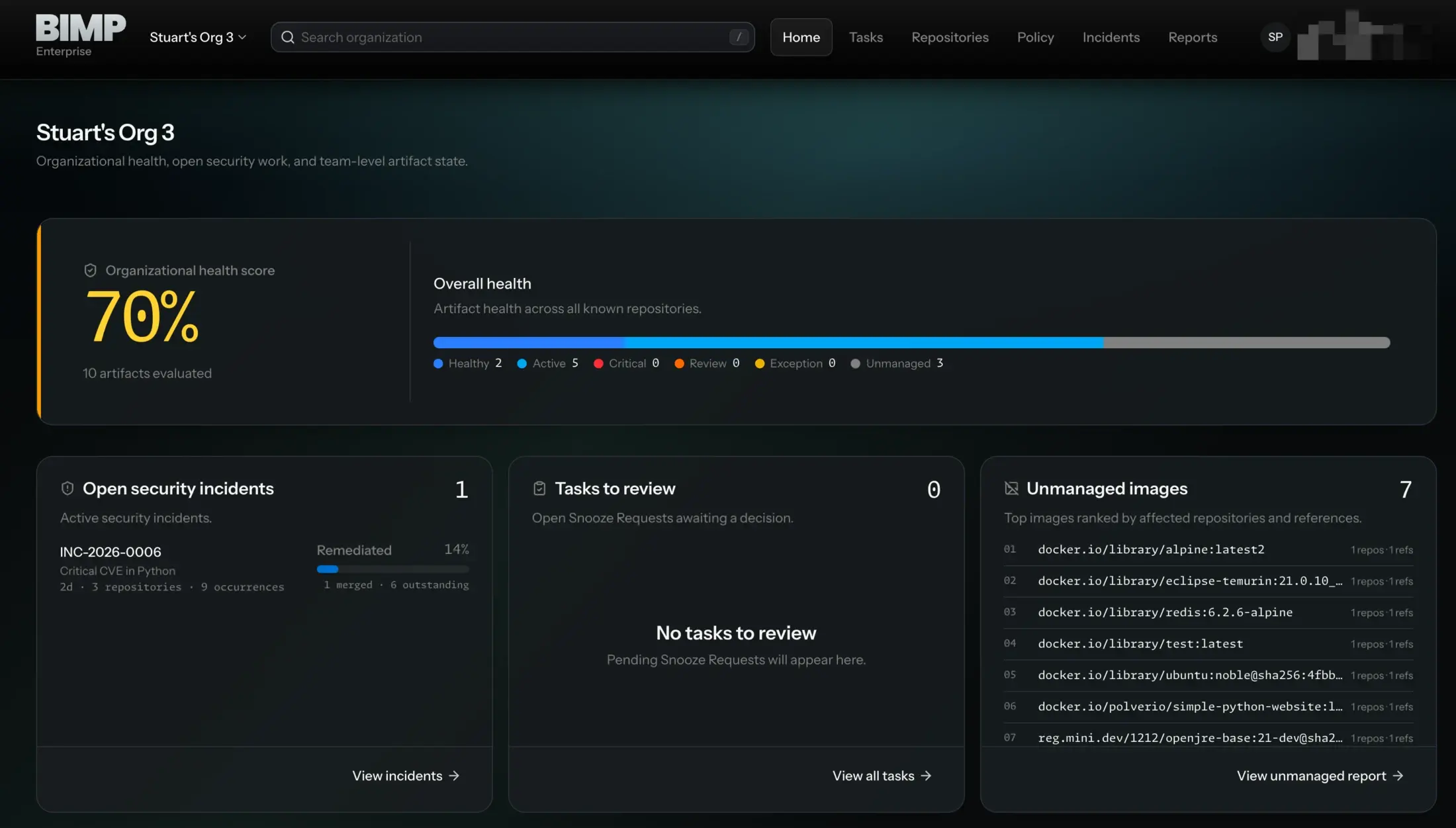 BIMP organization overview showing health score, security incidents, tasks to review and unmanaged images